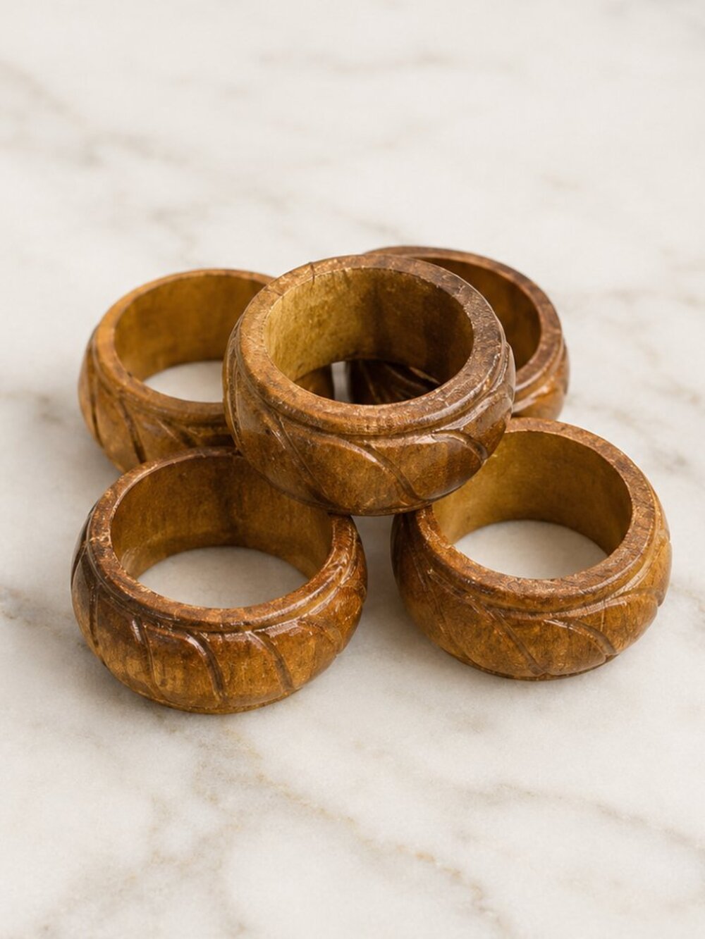 Vintage Hand Carved Teak Wood Napkin Rings Philippines Set of 6 Boho
